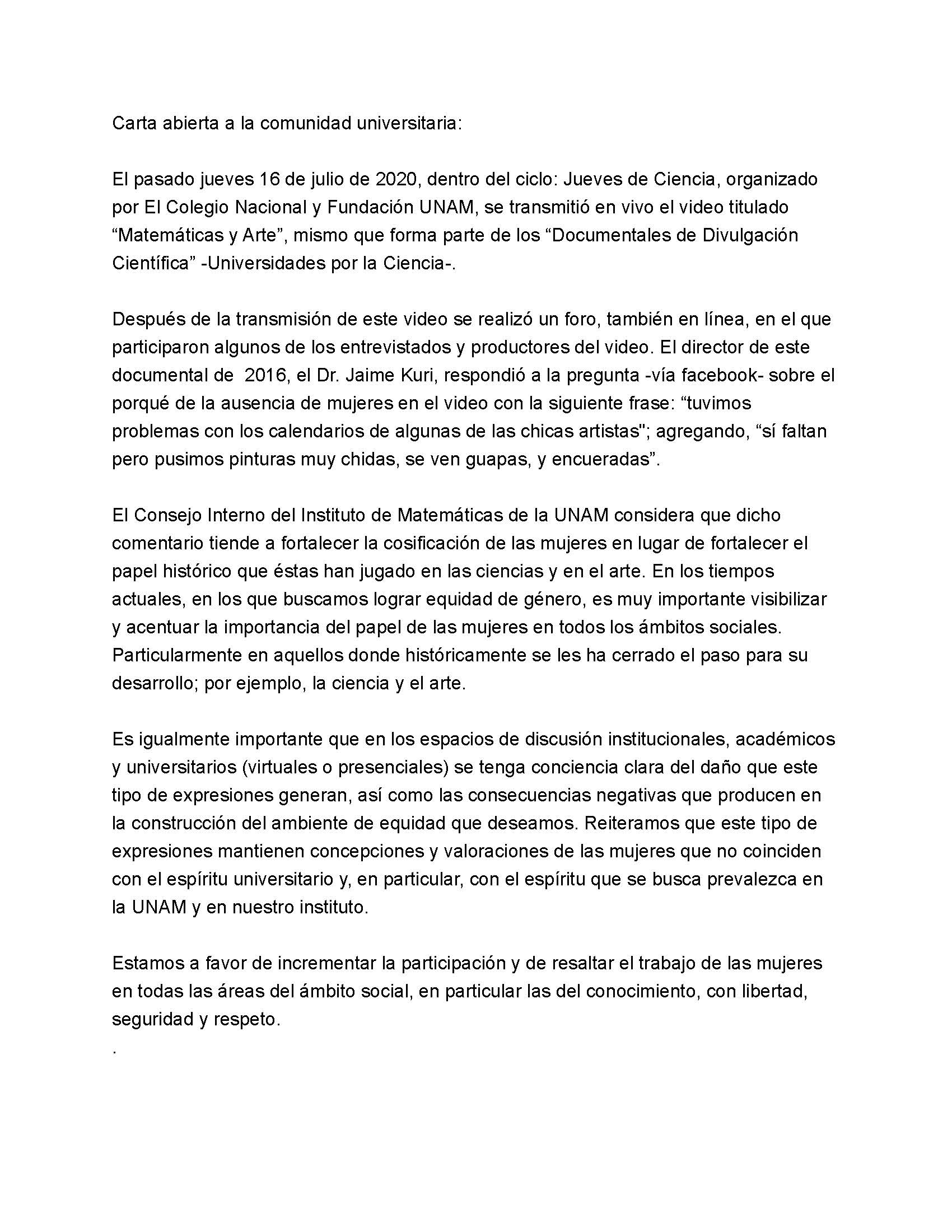 Carta abierta a la comunidad universitaria sobre el pasado #JuevesDeCiencia en que se transmitió el documental "Matemáticas y Arte" dirigido por Jaime Kuri