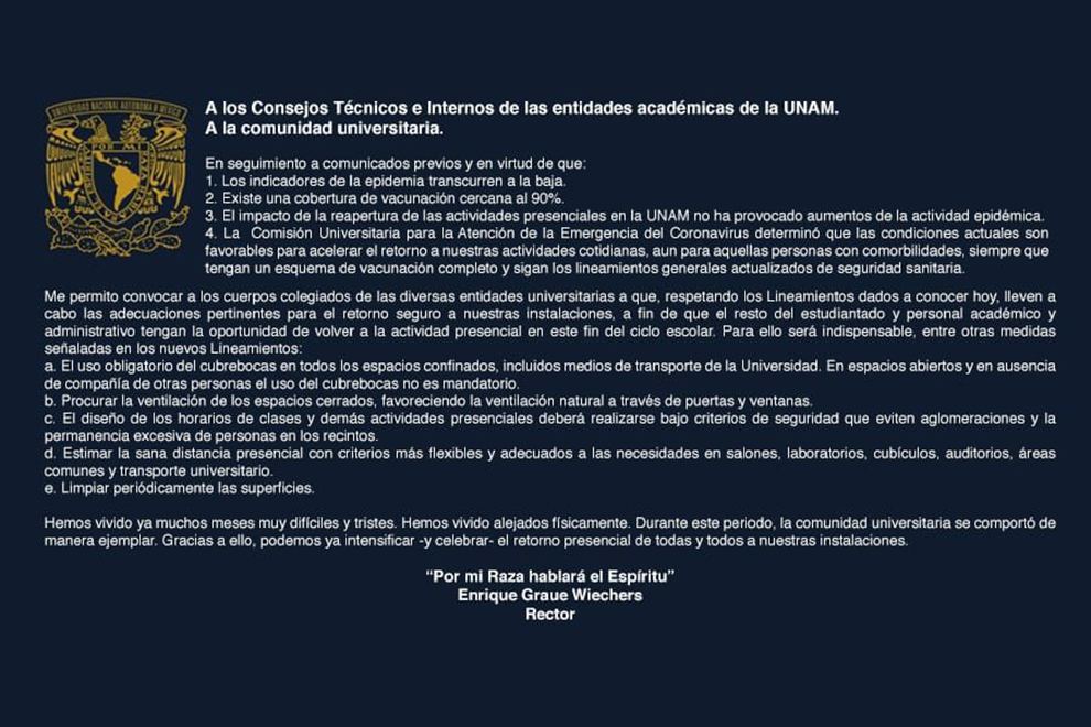 Convoca el rector a hacer las adecuaciones para acelerar el retorno seguro a las instalaciones