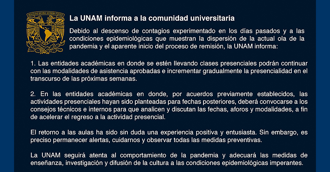Incremento gradual de la presencialidad en el transcurso de las próximas semanas en la UNAM