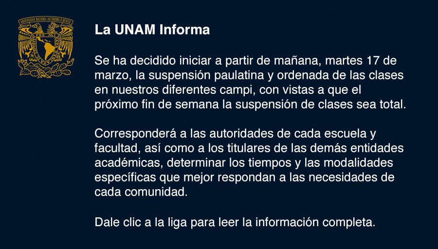 Suspensión paulatina de clases desde el martes 17 de marzo, con vistas a que el próximo fin de semana la suspensión de clases sea total