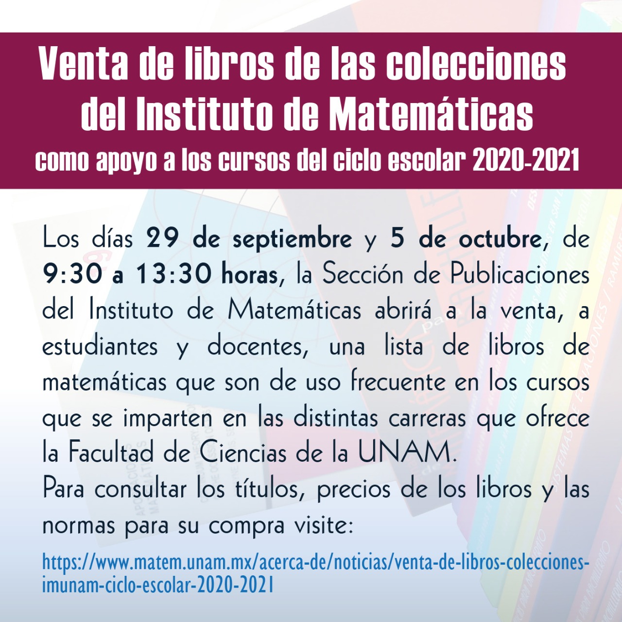 Venta de libros colecciones IMUNAM ciclo escolar 2020-2021