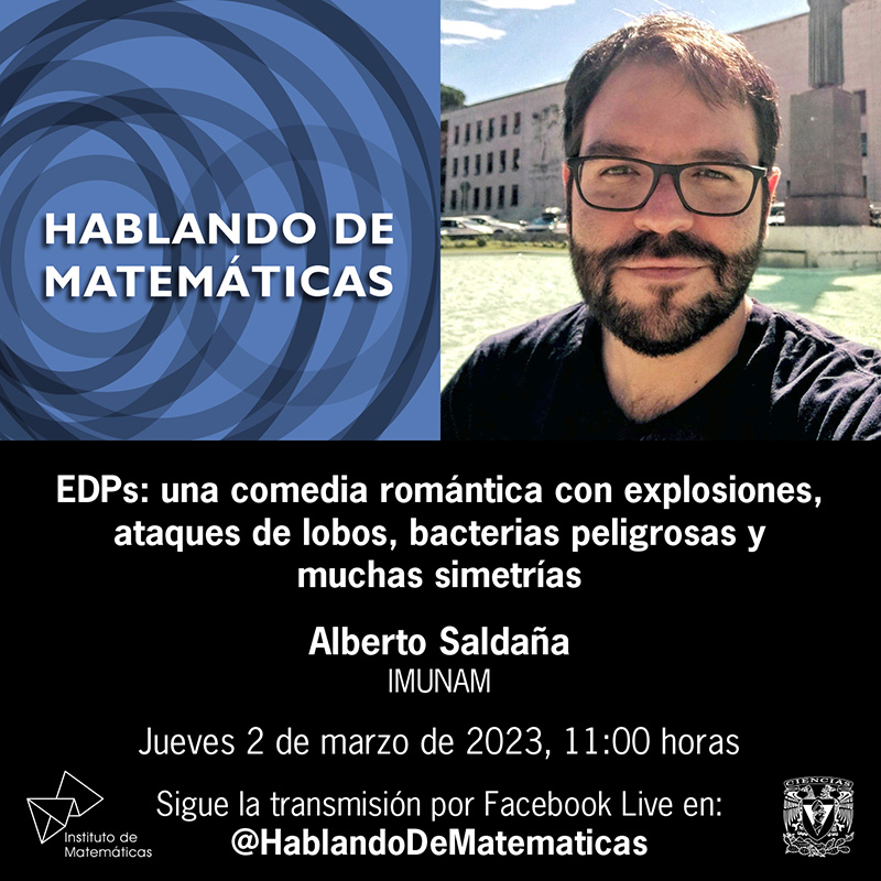 EDPs: una comedia romántica con explosiones, ataques de lobos, bacterias peligrosas y muchas simetrías, Alberto Saldaña, 2 de marzo de 2023